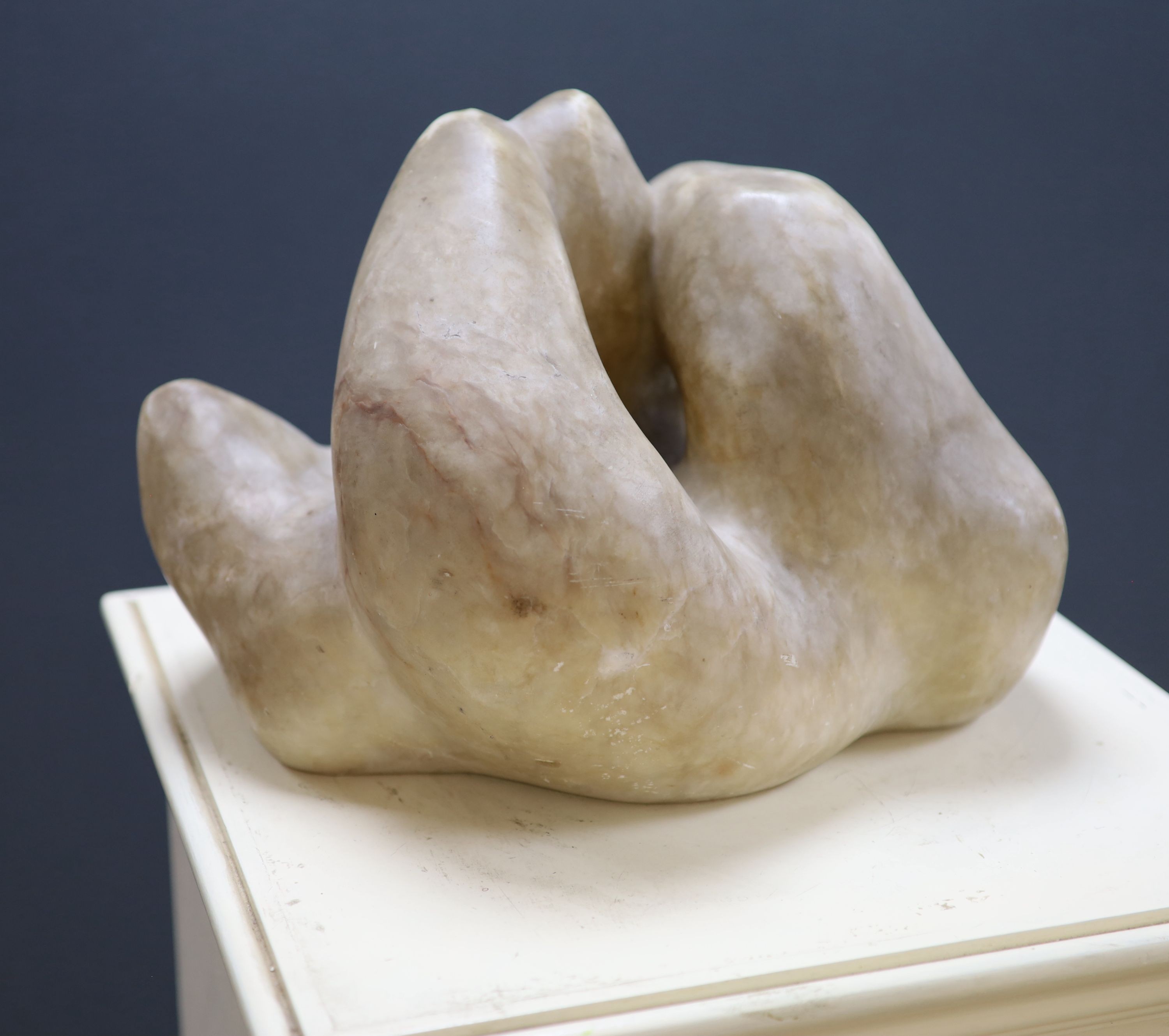 Wilby Hart, alabaster sculpture, abstract form, W. 33cm. H 32cm., on a painted wood pedestal.